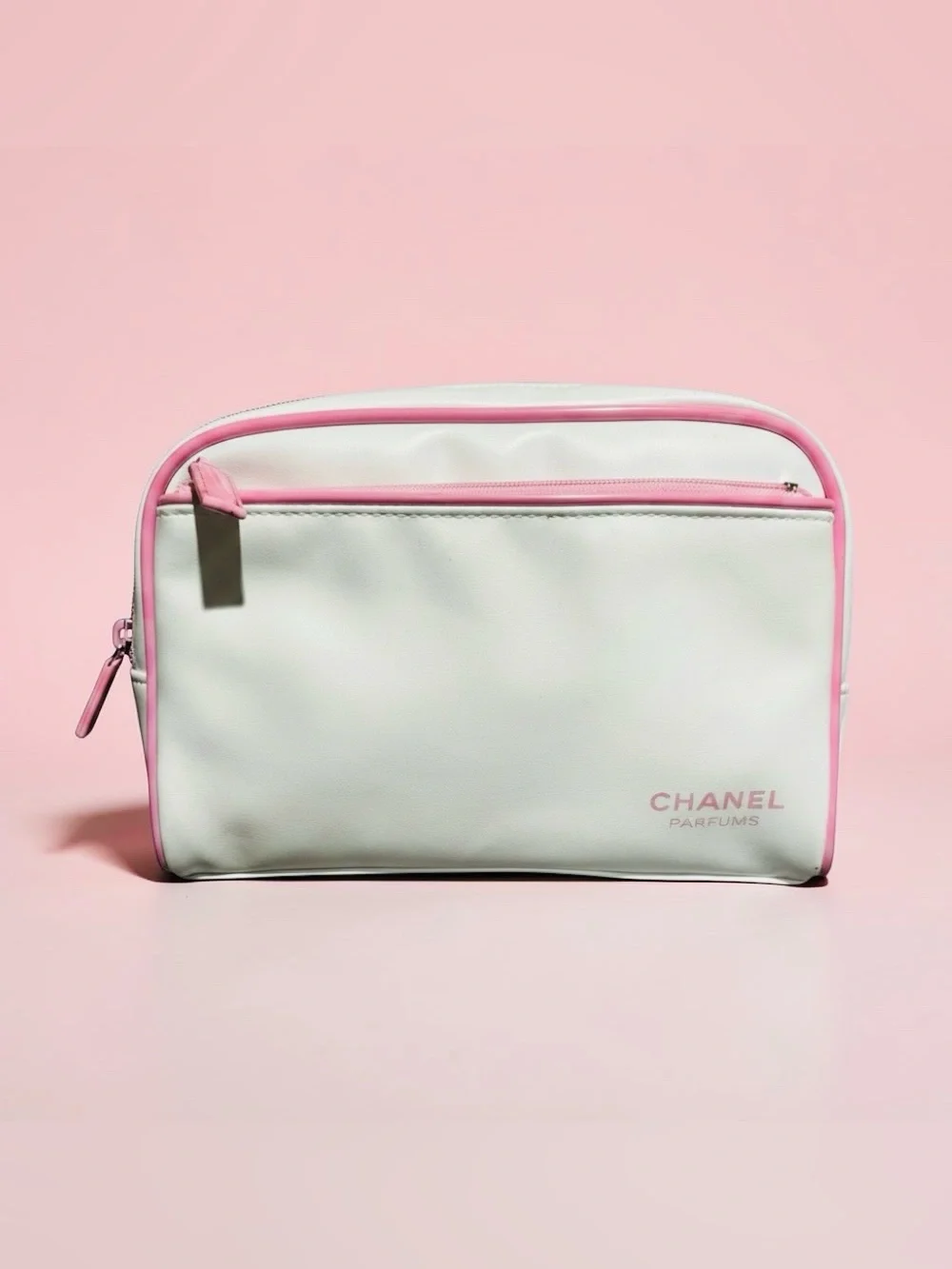 CHANEL White Cosmetic Pouch with Pink Trim